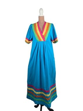 Vintage 70s Saybury Maxi Dress Turquoise Rainbow Size Medium